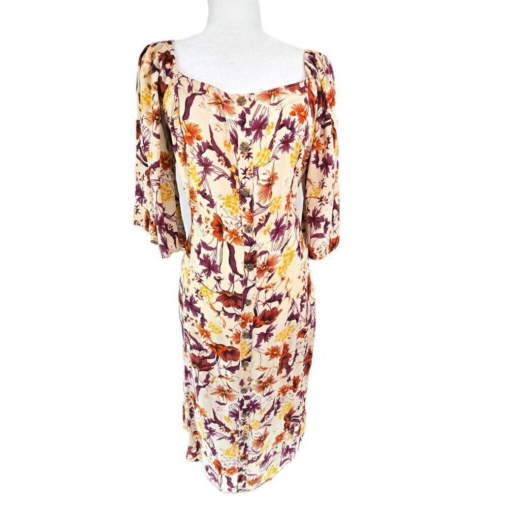 Indigo Rose Mustard Brown Tan Smocked Puff Sleeve MiDi Boho Dress